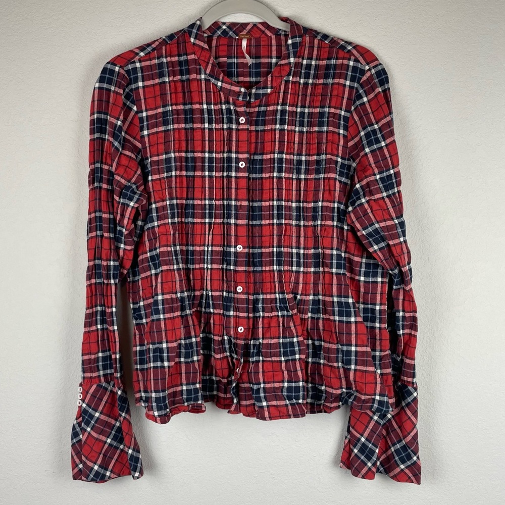 Free People Orange Black Plaid Kansas City Button Front Top